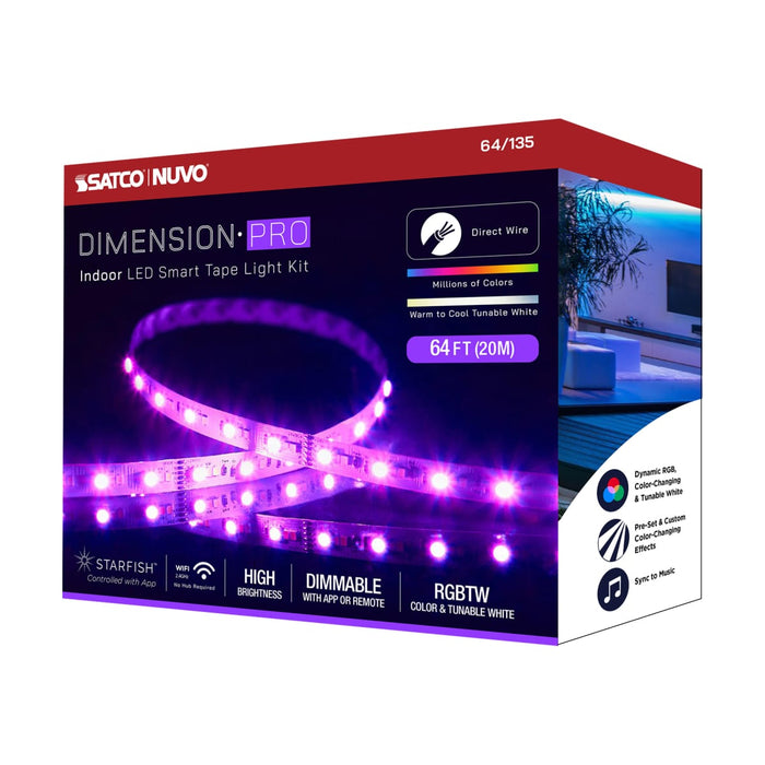 Tape Light Nuvo 64-135 Dimension Pro - Tape Light strip - 64 ft. - Hi-Output - RGB plus Tunable White - J-Box connection - Starfish IOT Capable - IR Remote Included - White Finish Nuvo