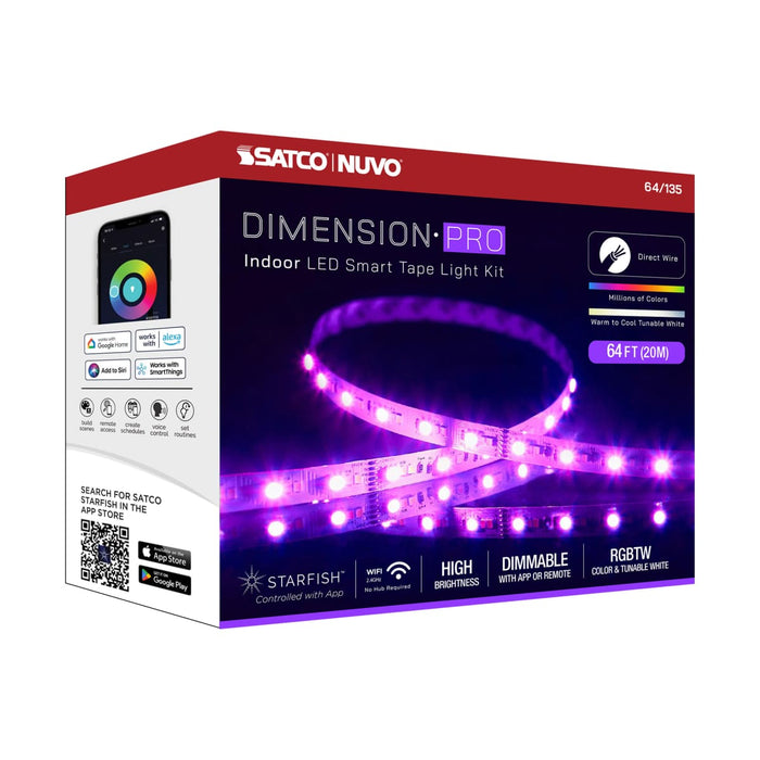 Tape Light Nuvo 64-135 Dimension Pro - Tape Light strip - 64 ft. - Hi-Output - RGB plus Tunable White - J-Box connection - Starfish IOT Capable - IR Remote Included - White Finish Nuvo