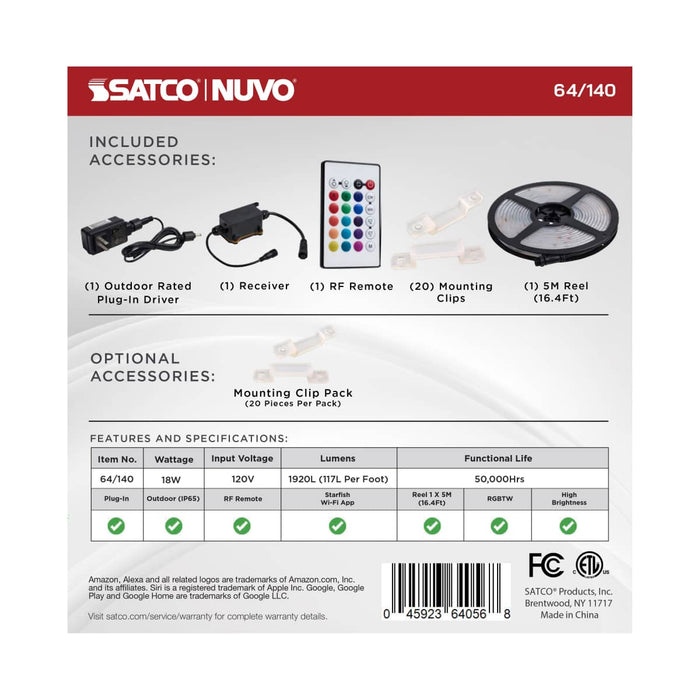 Tape Light Nuvo 64-140 Dimension Pro - Tape Light strip - 16 ft. - Hi-Output - RGB plus Tunable White - Plug connection - IP65 - Starfish IOT Capable - RF Remote Included - White Finish Nuvo
