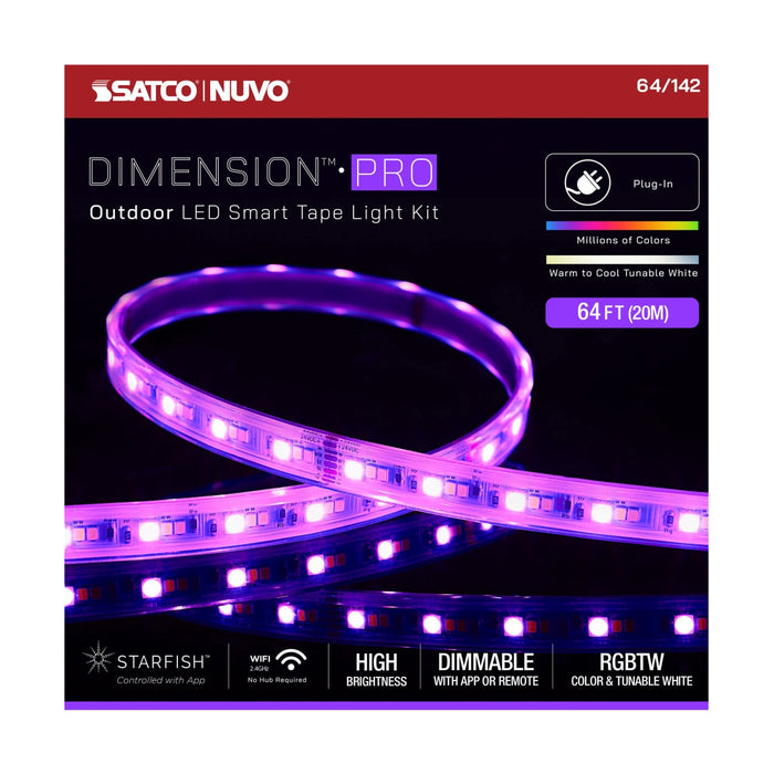 Tape Light Nuvo 64-142 Dimension Pro - Tape Light strip - 64 ft. - Hi-Output - RGB plus Tunable White - Plug connection - IP65 - Starfish IOT Capable - RF Remote Included - White Finish Nuvo