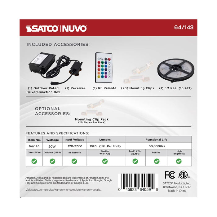 Tape Light Nuvo 64-143 Dimension Pro - Tape Light strip - 16 ft. - Hi-Output - RGB plus Tunable White - J-Box connection - IP65 - Starfish IOT Capable - RF Remote Included - White Finish Nuvo