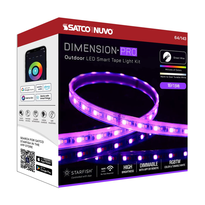 Tape Light Nuvo 64-143 Dimension Pro - Tape Light strip - 16 ft. - Hi-Output - RGB plus Tunable White - J-Box connection - IP65 - Starfish IOT Capable - RF Remote Included - White Finish Nuvo