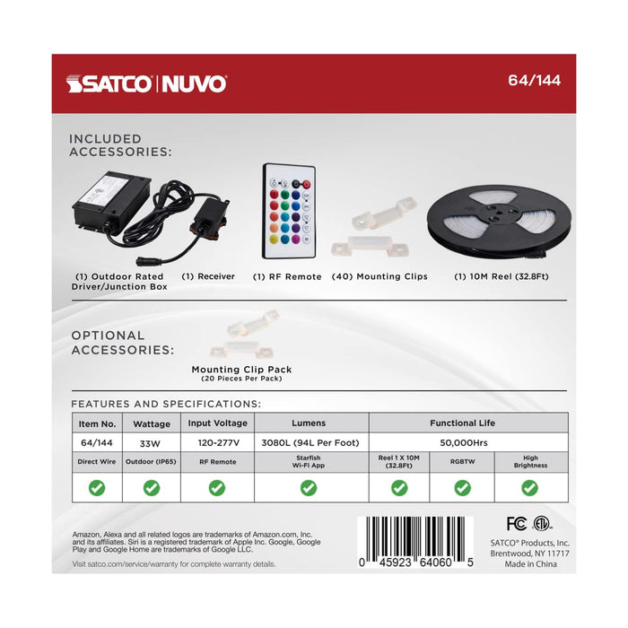 Tape Light Nuvo 64-144 Dimension Pro - Tape Light strip - 32 ft. - Hi-Output - RGB plus Tunable White - J-Box connection - IP65 - Starfish IOT Capable - RF Remote Included - White Finish Nuvo