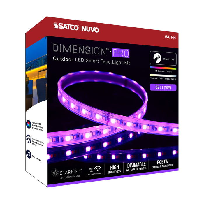Tape Light Nuvo 64-144 Dimension Pro - Tape Light strip - 32 ft. - Hi-Output - RGB plus Tunable White - J-Box connection - IP65 - Starfish IOT Capable - RF Remote Included - White Finish Nuvo