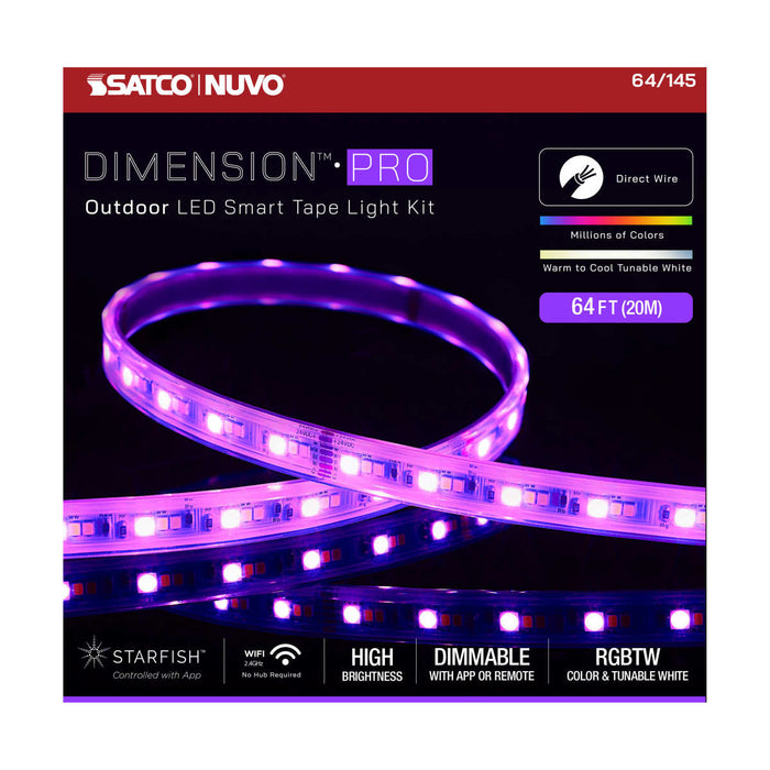Tape Light Nuvo 64-145 Dimension Pro - Tape Light strip - 64 ft. - Hi-Output - RGB plus Tunable White - J-Box connection - IP65 - Starfish IOT Capable - RF Remote Included - White Finish Nuvo