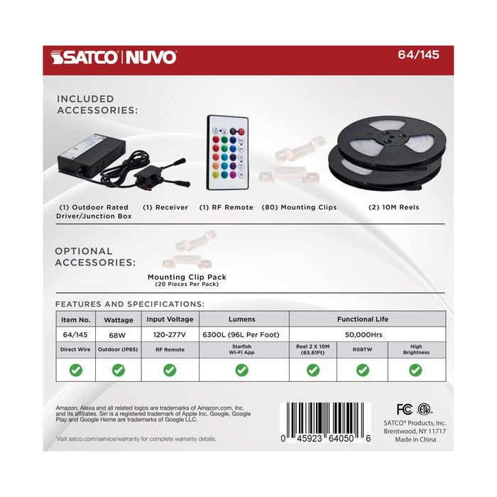 Tape Light Nuvo 64-145 Dimension Pro - Tape Light strip - 64 ft. - Hi-Output - RGB plus Tunable White - J-Box connection - IP65 - Starfish IOT Capable - RF Remote Included - White Finish Nuvo
