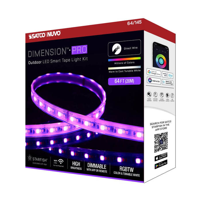 Tape Light Nuvo 64-145 Dimension Pro - Tape Light strip - 64 ft. - Hi-Output - RGB plus Tunable White - J-Box connection - IP65 - Starfish IOT Capable - RF Remote Included - White Finish Nuvo