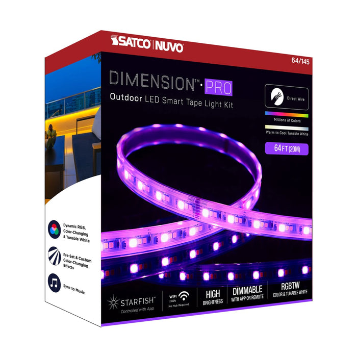 Tape Light Nuvo 64-145 Dimension Pro - Tape Light strip - 64 ft. - Hi-Output - RGB plus Tunable White - J-Box connection - IP65 - Starfish IOT Capable - RF Remote Included - White Finish Nuvo