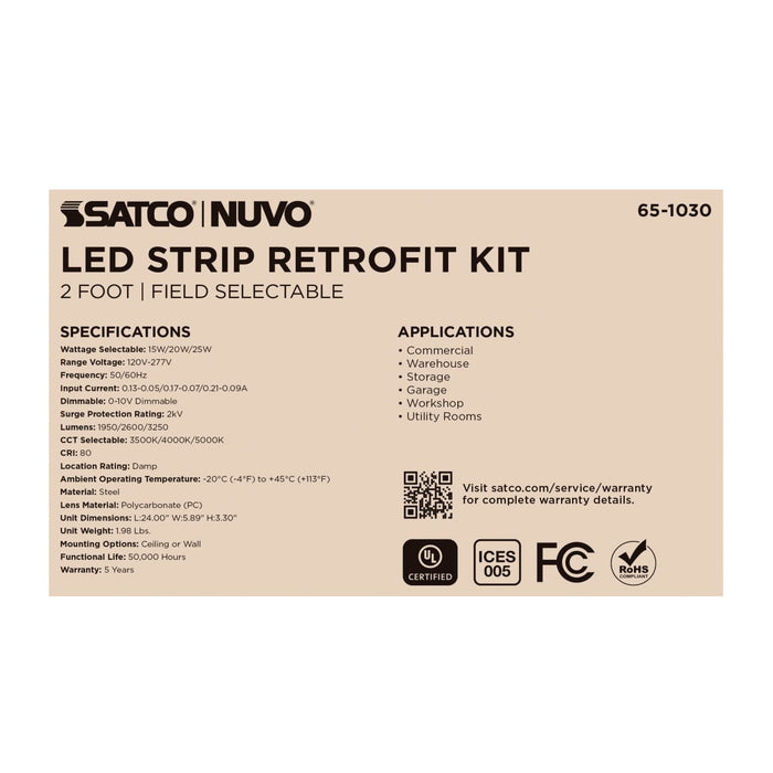 Strip Light Nuvo 65-1030 15/20/25 Watt LED 2 Foot Retrofit Strip Light - 35K/4K/5K CCT Selectable - 120-277 Volt - Gloss White Finish Nuvo