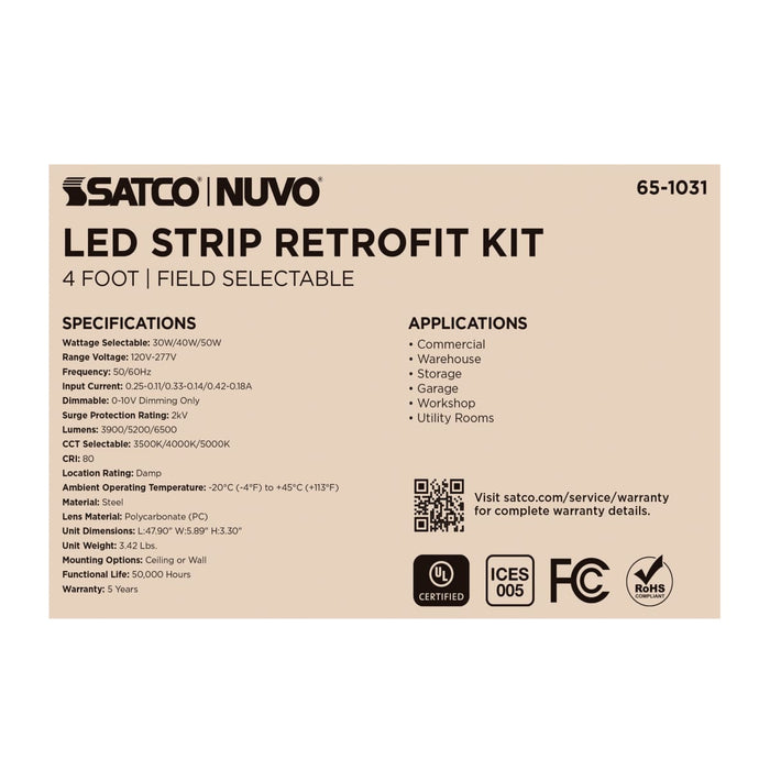 Strip Light Nuvo 65-1031 30/40/50 Watt LED 4 Foot Retrofit Strip Light - 35K/4K/5K CCT Selectable - 120-277 Volt - Gloss White Finish Nuvo