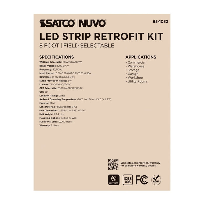 Strip Light Nuvo 65-1032 60/80/100 Watt LED 8 Foot Retrofit Strip Light - 35K/4K/5K CCT Selectable - 120-277 Volt - Gloss White Finish Nuvo