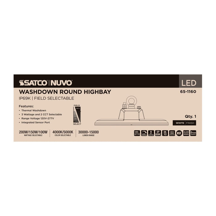 UFO Hi-Bay Nuvo 65-1160 LED UFO Hi-Bay - 200/150/100 Wattage Selectable - 4000K/5000K CCT Selectable - 120-277 Volt - White Finish Nuvo