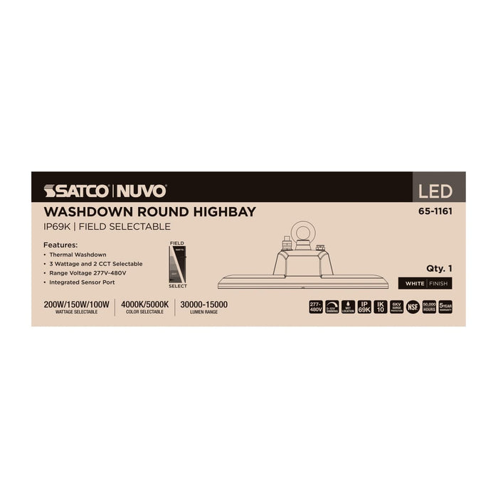 UFO Hi-Bay Nuvo 65-1161 LED UFO Hi-Bay - 200/150/100 Wattage Selectable - 4000K/5000K CCT Selectable - 277-480 Volt - White Finish Nuvo