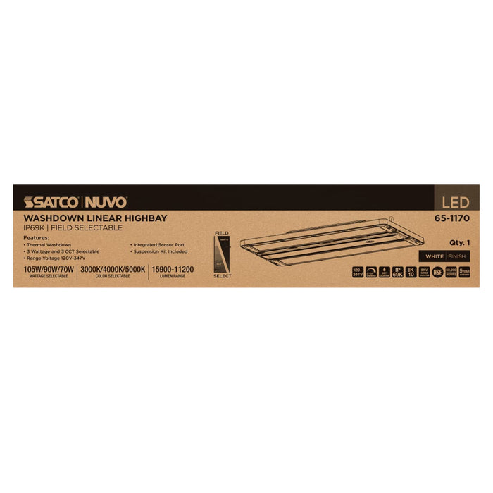 Linear Hi-Bay Nuvo 65-1170 105/90/70 Watt LED Linear High Bay - 3K/4K/5K CCT - IP69K - 120-347 Volt - White Finish Nuvo