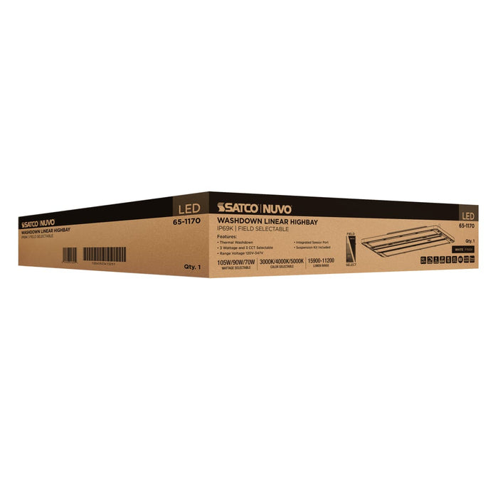 Linear Hi-Bay Nuvo 65-1170 105/90/70 Watt LED Linear High Bay - 3K/4K/5K CCT - IP69K - 120-347 Volt - White Finish Nuvo