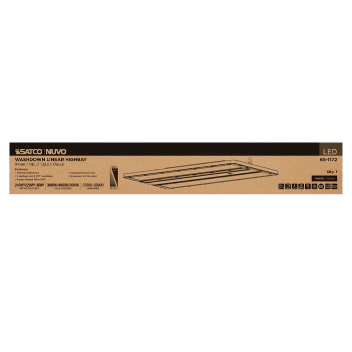 Linear Hi-Bay Nuvo 65-1172 240/220/180 Watt LED Linear High Bay - 3K/4K/5K CCT - IP69K - 120-347 Volt - White Finish Nuvo