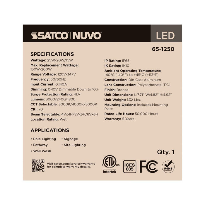 Flood Light Nuvo 65-1250 25/20/15 Watt LED Flood Light - 3K/4K/5K CCT - NEMA 4 - Bronze Finish - 120-347 Volt Nuvo