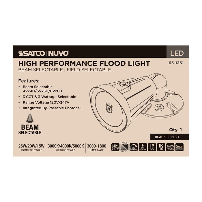 Flood Light Nuvo 65-1251 25/20/15 Watt LED Flood Light - 3K/4K/5K CCT - NEMA 4 - Black Finish - 120-347 Volt Nuvo