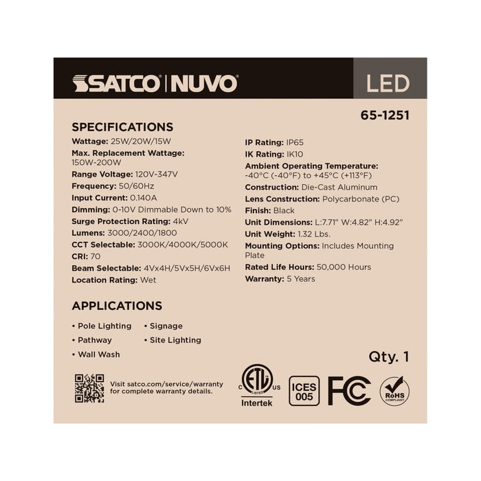 Flood Light Nuvo 65-1251 25/20/15 Watt LED Flood Light - 3K/4K/5K CCT - NEMA 4 - Black Finish - 120-347 Volt Nuvo