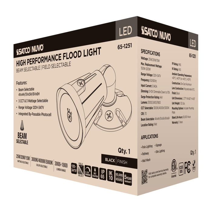Flood Light Nuvo 65-1251 25/20/15 Watt LED Flood Light - 3K/4K/5K CCT - NEMA 4 - Black Finish - 120-347 Volt Nuvo