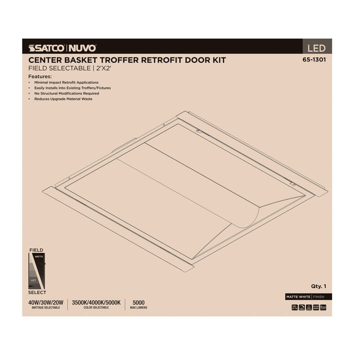 Troffer Nuvo 65-1301 40/30/20 Watt LED 2x2 Center Basket Troffer Retrofit Kit - 35K/4K/5K CCT - Dimmable - 120-277 Volt - Matte White Finish Nuvo