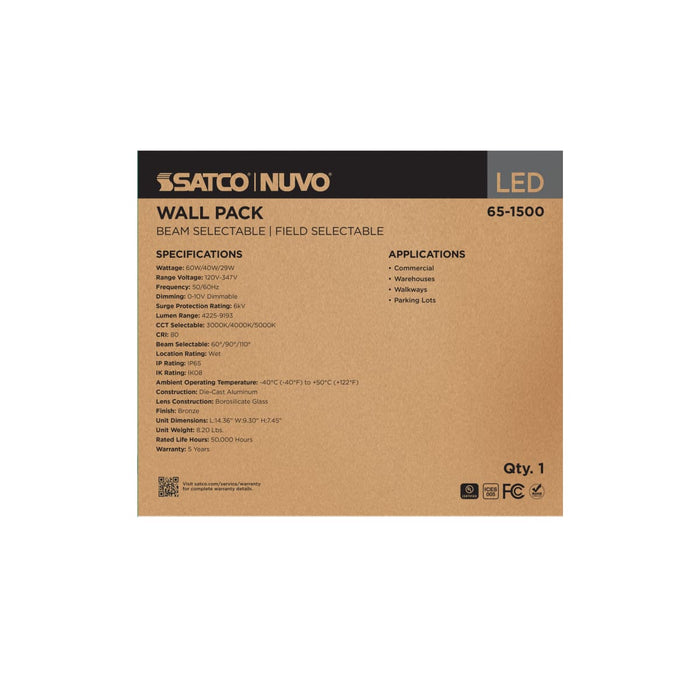 Wall Pack Nuvo 65-1500 60/40/29 Wattage Selectable LED Wall Pack -3K/4K/5K CCT Selectable - 60/90/110 Beam Angle Selectable - 120-347 Volt - Bronze Finish Nuvo