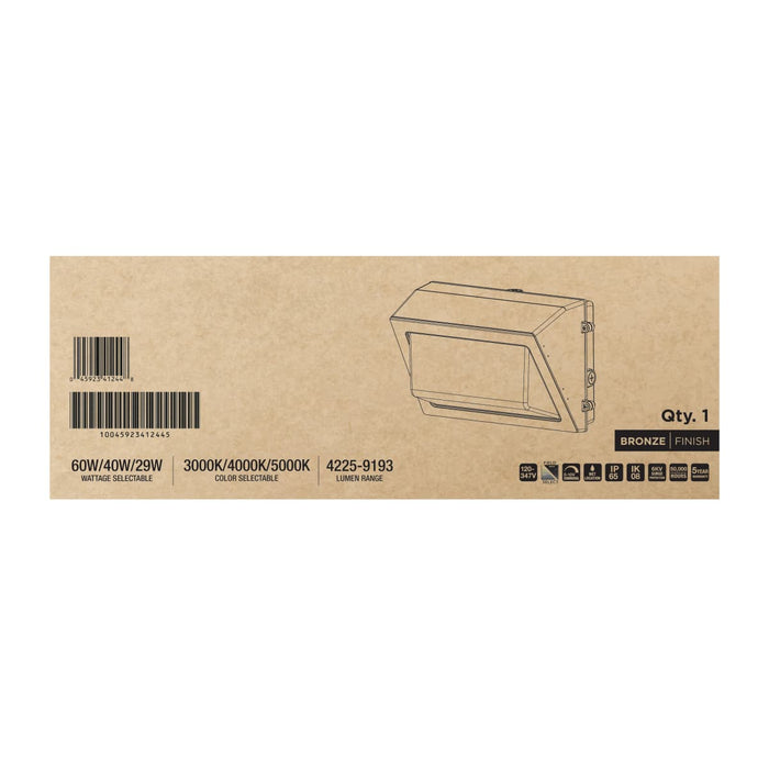 Wall Pack Nuvo 65-1500 60/40/29 Wattage Selectable LED Wall Pack -3K/4K/5K CCT Selectable - 60/90/110 Beam Angle Selectable - 120-347 Volt - Bronze Finish Nuvo