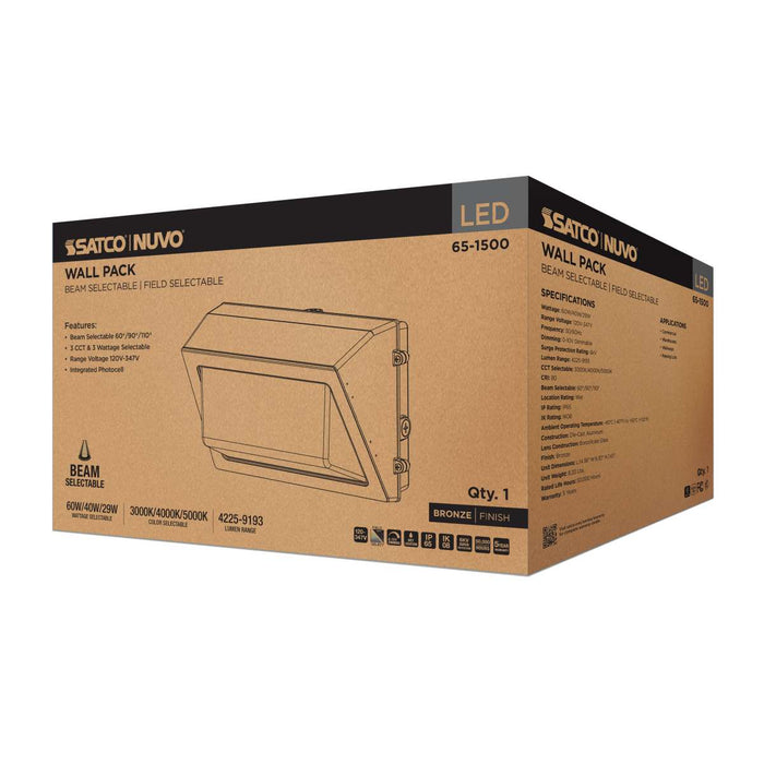 Wall Pack Nuvo 65-1500 60/40/29 Wattage Selectable LED Wall Pack -3K/4K/5K CCT Selectable - 60/90/110 Beam Angle Selectable - 120-347 Volt - Bronze Finish Nuvo
