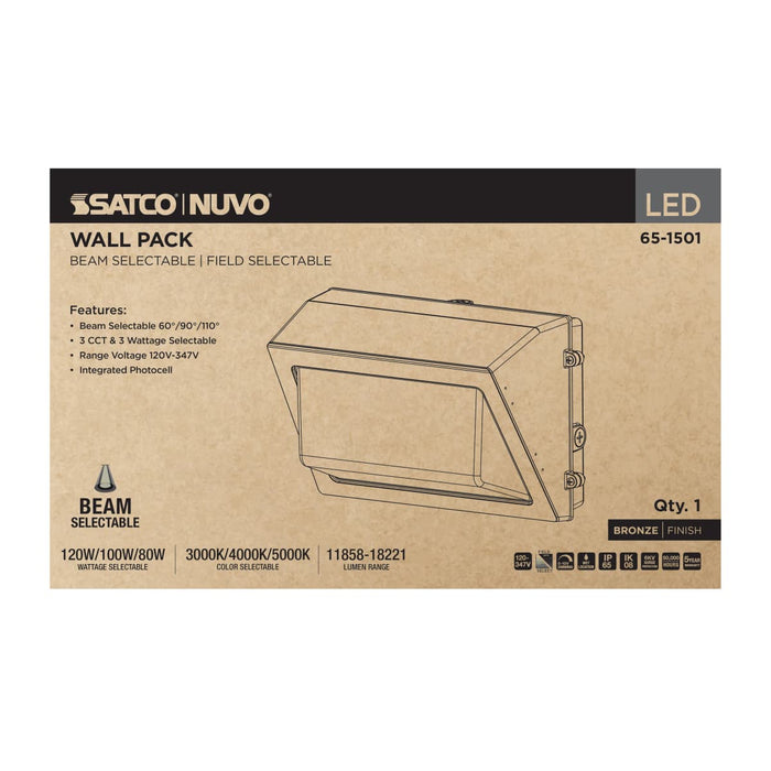 Wall Pack Nuvo 65-1501 120/100/80 Wattage Selectable LED Wall Pack - 3K/4K/5K CCT Selectable - 60/90/110 Beam Angle Selectable - 120-347 Volt - Bronze Finish Nuvo