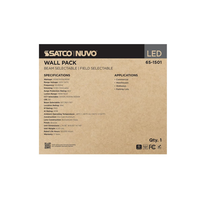 Wall Pack Nuvo 65-1501 120/100/80 Wattage Selectable LED Wall Pack - 3K/4K/5K CCT Selectable - 60/90/110 Beam Angle Selectable - 120-347 Volt - Bronze Finish Nuvo
