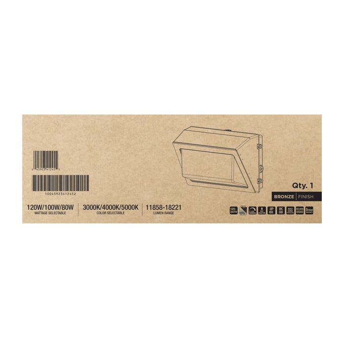 Wall Pack Nuvo 65-1501 120/100/80 Wattage Selectable LED Wall Pack - 3K/4K/5K CCT Selectable - 60/90/110 Beam Angle Selectable - 120-347 Volt - Bronze Finish Nuvo