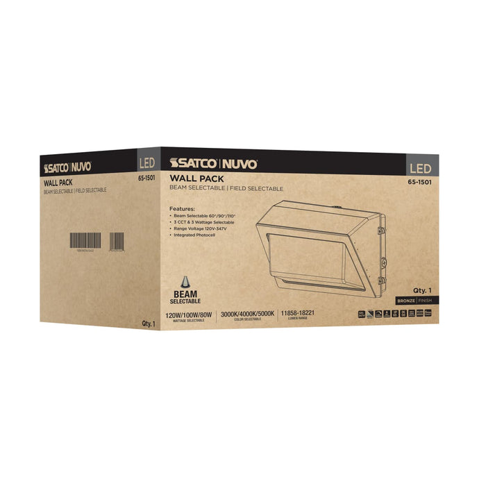 Wall Pack Nuvo 65-1501 120/100/80 Wattage Selectable LED Wall Pack - 3K/4K/5K CCT Selectable - 60/90/110 Beam Angle Selectable - 120-347 Volt - Bronze Finish Nuvo