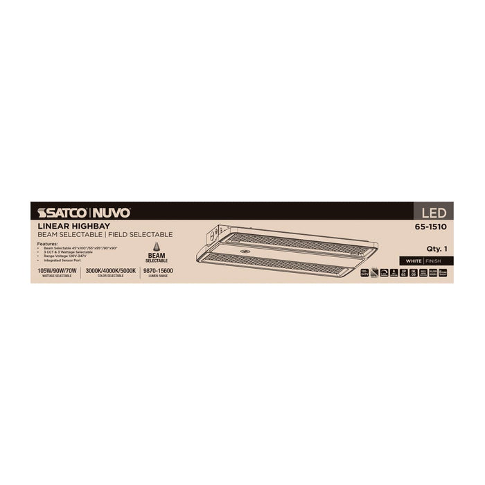 Linear Hi-Bay Nuvo 65-1510 LED Linear High Bay - 105/90/70 Wattage Selectable - 3K/4K/5K CCT Selectable - Beam Angle Selectable - White Finish - 120-347 Volt Nuvo