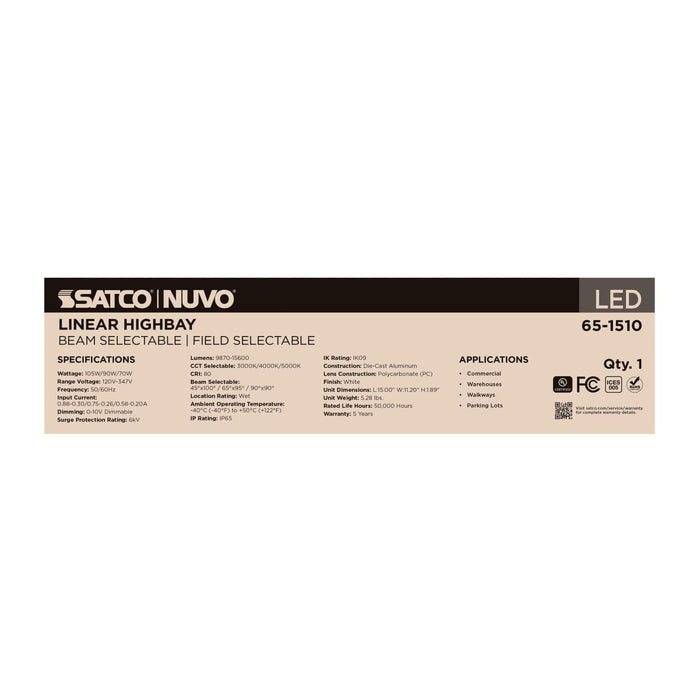 Linear Hi-Bay Nuvo 65-1510 LED Linear High Bay - 105/90/70 Wattage Selectable - 3K/4K/5K CCT Selectable - Beam Angle Selectable - White Finish - 120-347 Volt Nuvo