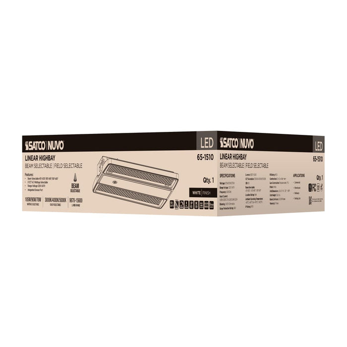 Linear Hi-Bay Nuvo 65-1510 LED Linear High Bay - 105/90/70 Wattage Selectable - 3K/4K/5K CCT Selectable - Beam Angle Selectable - White Finish - 120-347 Volt Nuvo