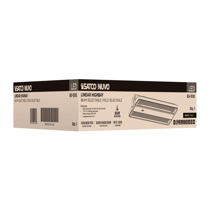 Linear Hi-Bay Nuvo 65-1510 LED Linear High Bay - 105/90/70 Wattage Selectable - 3K/4K/5K CCT Selectable - Beam Angle Selectable - White Finish - 120-347 Volt Nuvo