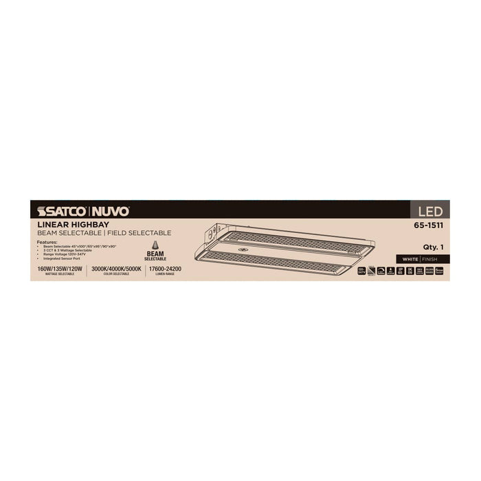 Linear Hi-Bay Nuvo 65-1511 LED Linear High Bay - 160/135/120 Wattage Selectable - 3K/4K/5K CCT Selectable - Beam Angle Selectable - White Finish - 120-347 Volt Nuvo