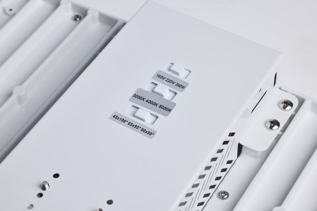 Linear Hi-Bay Nuvo 65-1512 LED Linear High Bay - 240/220/180 Wattage Selectable - 3K/4K/5K CCT Selectable - Beam Angle Selectable - White Finish - 120-347 Volt Nuvo