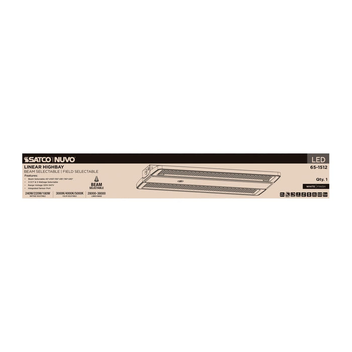 Linear Hi-Bay Nuvo 65-1512 LED Linear High Bay - 240/220/180 Wattage Selectable - 3K/4K/5K CCT Selectable - Beam Angle Selectable - White Finish - 120-347 Volt Nuvo