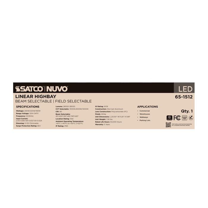 Linear Hi-Bay Nuvo 65-1512 LED Linear High Bay - 240/220/180 Wattage Selectable - 3K/4K/5K CCT Selectable - Beam Angle Selectable - White Finish - 120-347 Volt Nuvo