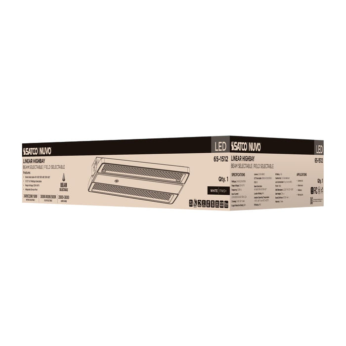 Linear Hi-Bay Nuvo 65-1512 LED Linear High Bay - 240/220/180 Wattage Selectable - 3K/4K/5K CCT Selectable - Beam Angle Selectable - White Finish - 120-347 Volt Nuvo