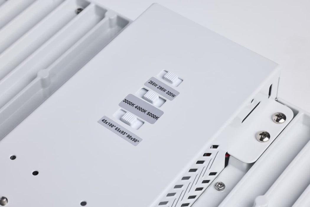 Linear Hi-Bay Nuvo 65-1513 LED Linear High Bay - 320/295/255 Wattage Selectable - 3K/4K/5K CCT Selectable - Beam Angle Selectable - White Finish - 120-347 Volt Nuvo
