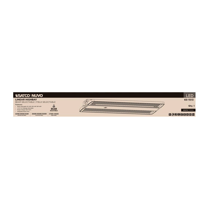 Linear Hi-Bay Nuvo 65-1513 LED Linear High Bay - 320/295/255 Wattage Selectable - 3K/4K/5K CCT Selectable - Beam Angle Selectable - White Finish - 120-347 Volt Nuvo