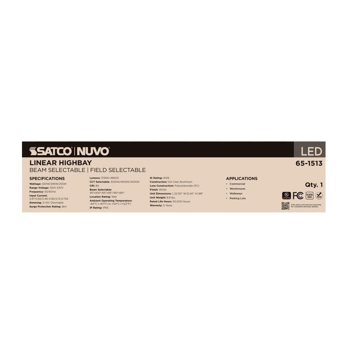 Linear Hi-Bay Nuvo 65-1513 LED Linear High Bay - 320/295/255 Wattage Selectable - 3K/4K/5K CCT Selectable - Beam Angle Selectable - White Finish - 120-347 Volt Nuvo