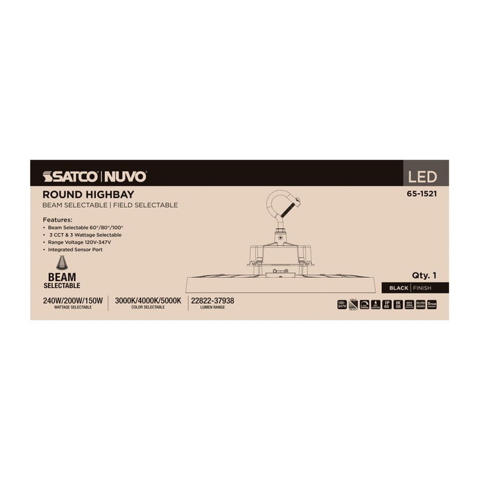 Circular Hi-Bay Nuvo 65-1521 240/200/150 Wattage Selectable LED UFO High Bay - 3K/4K/5K CCT Selectable - 60/80/100 Beam Angle Selectable - Black Finish - 120-347 Volt Nuvo