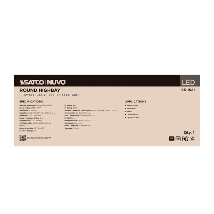 Circular Hi-Bay Nuvo 65-1521 240/200/150 Wattage Selectable LED UFO High Bay - 3K/4K/5K CCT Selectable - 60/80/100 Beam Angle Selectable - Black Finish - 120-347 Volt Nuvo