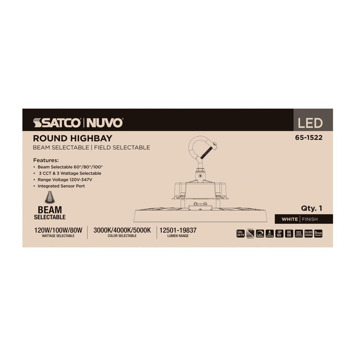 Circular Hi-Bay Nuvo 65-1522 120/100/80 Wattage Selectable LED UFO High Bay - 3K/4K/5K CCT Selectable - 60/80/100 Beam Angle Selectable - White Finish - 120-347 Volt Nuvo