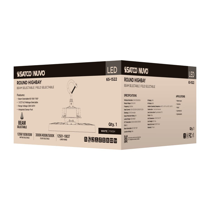 Circular Hi-Bay Nuvo 65-1522 120/100/80 Wattage Selectable LED UFO High Bay - 3K/4K/5K CCT Selectable - 60/80/100 Beam Angle Selectable - White Finish - 120-347 Volt Nuvo