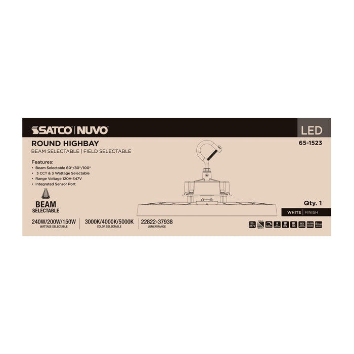 Circular Hi-Bay Nuvo 65-1523 240/200/150 Wattage Selectable LED UFO High Bay - 3K/4K/5K CCT Selectable - 60/80/100 Beam Angle Selectable - White Finish - 120-347 Volt Nuvo