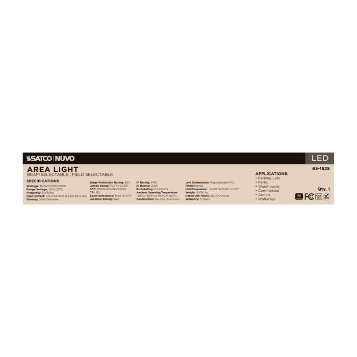 Area Light Nuvo 65-1525 LED Area Light - 150/120W/100W Wattage Selectable - 3K/4K/5K CCT Selectable - Beam Angle Selectable - Bronze - 120-277 Volt Nuvo